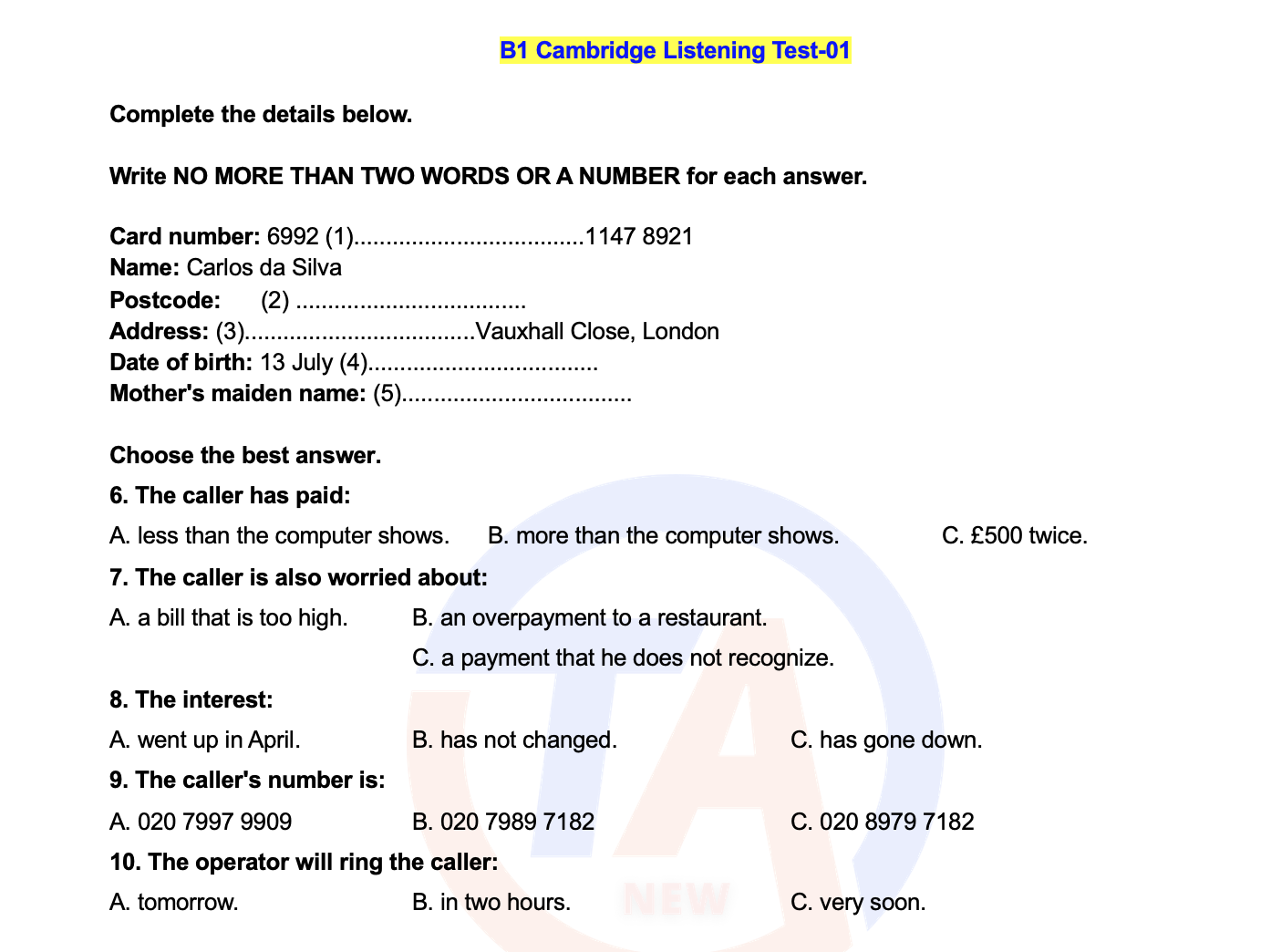 B1 Cambridge Listening Test